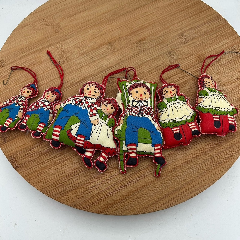 Vintage  Raggedy Ann and Andy Pillow  Christmas‎ Ornaments Lot Of 6 Nostalgia